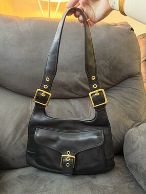 Vintage Coach 9340 Legacy Saddle Shoulder Buckle Bag Black Leather Y2K Black